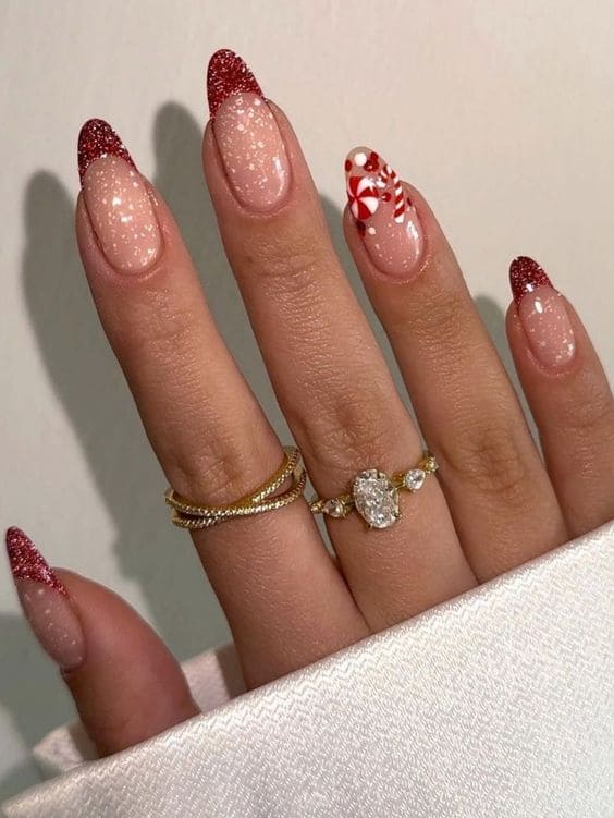 glittery red French tip nails 