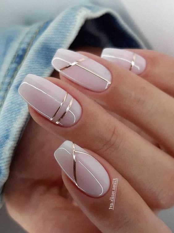 milky white short nails with geometric lines
