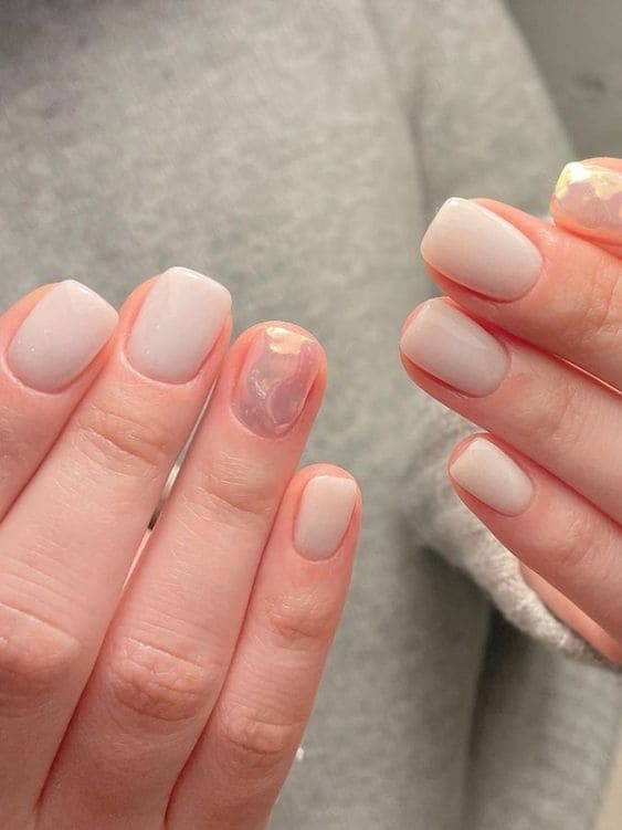 Korean short milky white and pearl nails