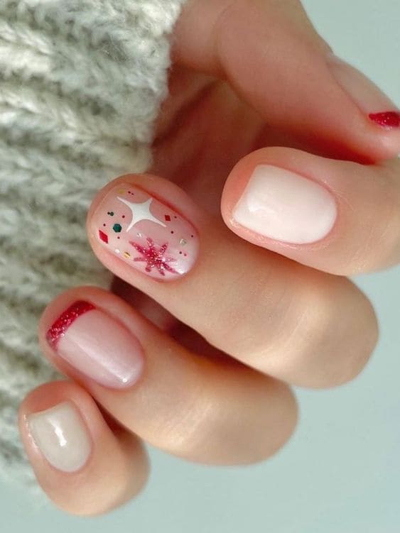 milky white and glittery red short nails with sparkles 