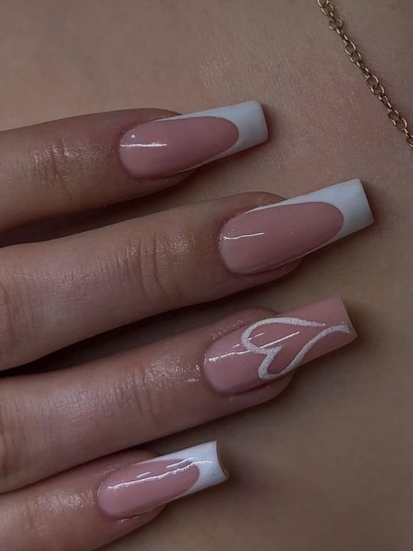 white french tip valentines day acrylic nails with a heart