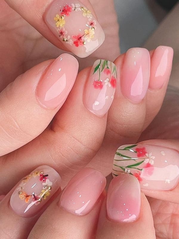 dreamy pink marble nail art with flower