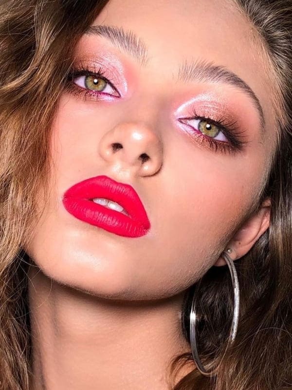 glitter eye makeup with red lips