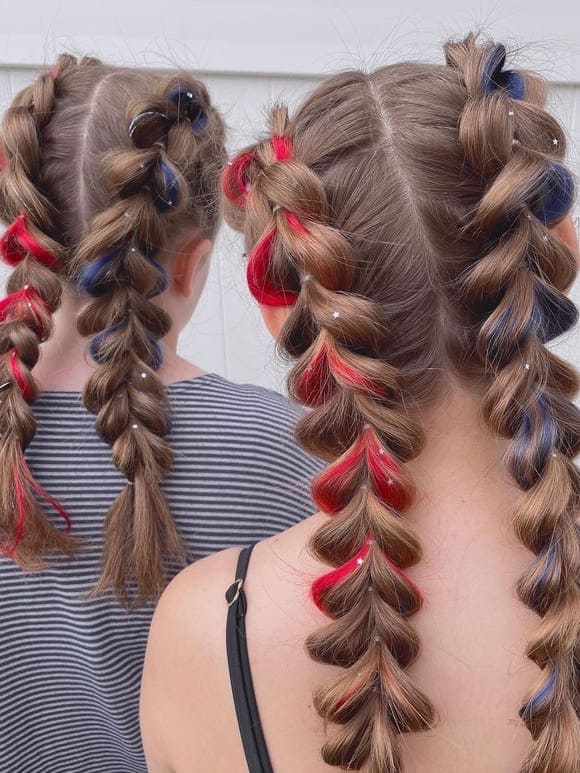 red and blue braid pigtails
