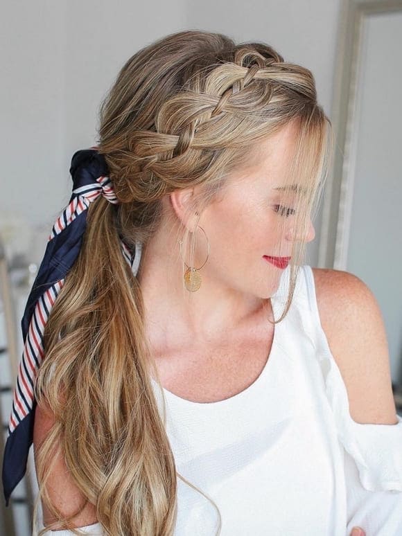4th of July braided ponytail hairstyle with scarf