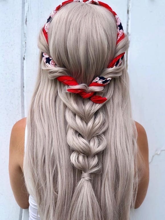 4th of July half up braided hairstyle with bandana