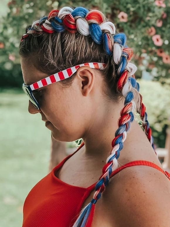 red and blue braid pigtails