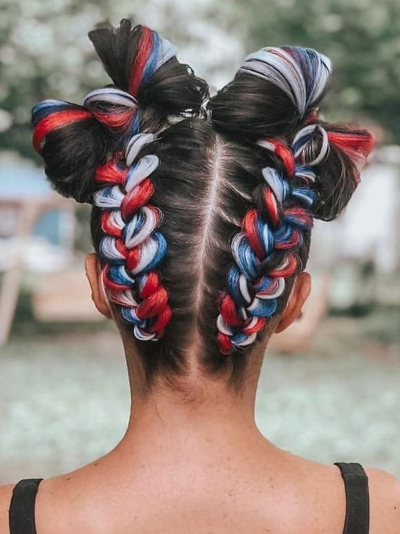 red and blue braid pigtails space bun