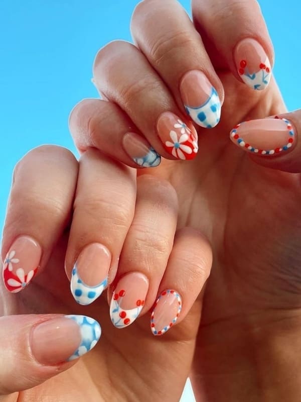 mix and match 4th of July French tip nails 