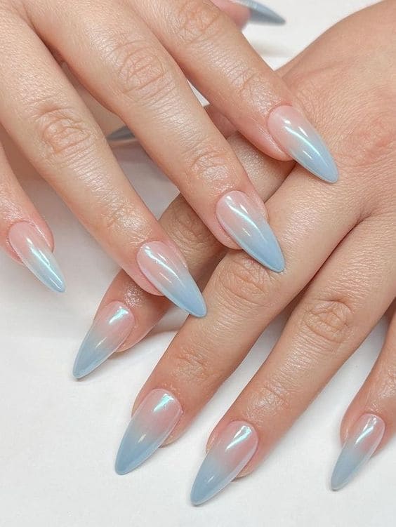 Korean blue ombre nails: icy blue stilettos 