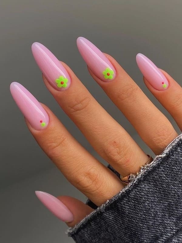 neon green and pink flower nails 