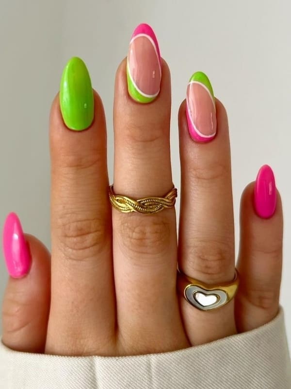 neon green and hot pink negative space nails 