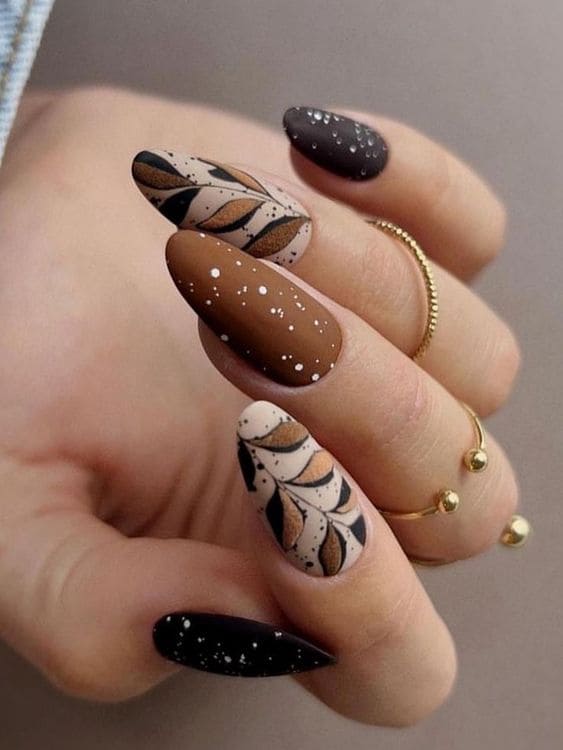 brown nails with fall leaves