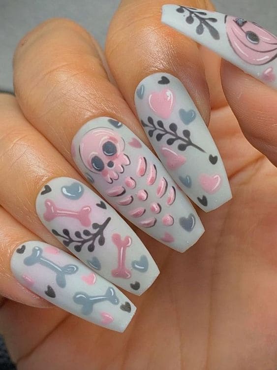 halloween acrylic nails with skeletons