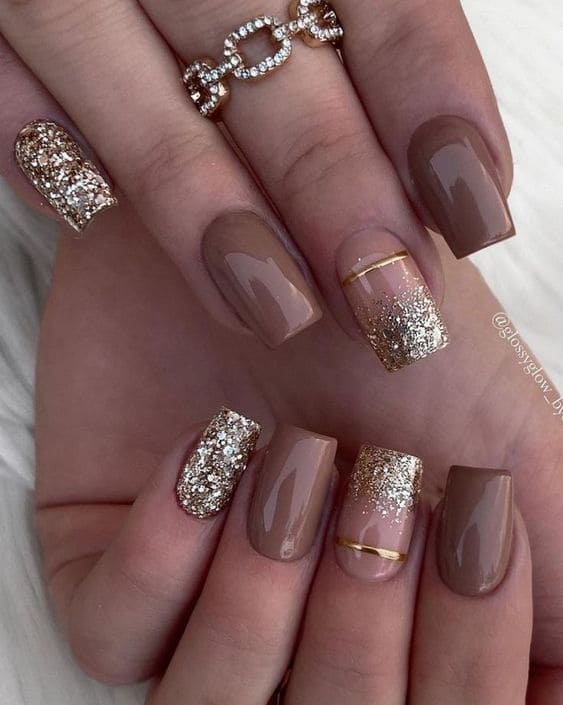 winter nail designs in brown and gold glitter