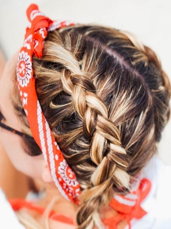 4th of July braided hairstyle with bandana
