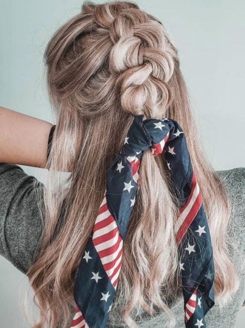 4th of July braided half up hairstyle with a scarf