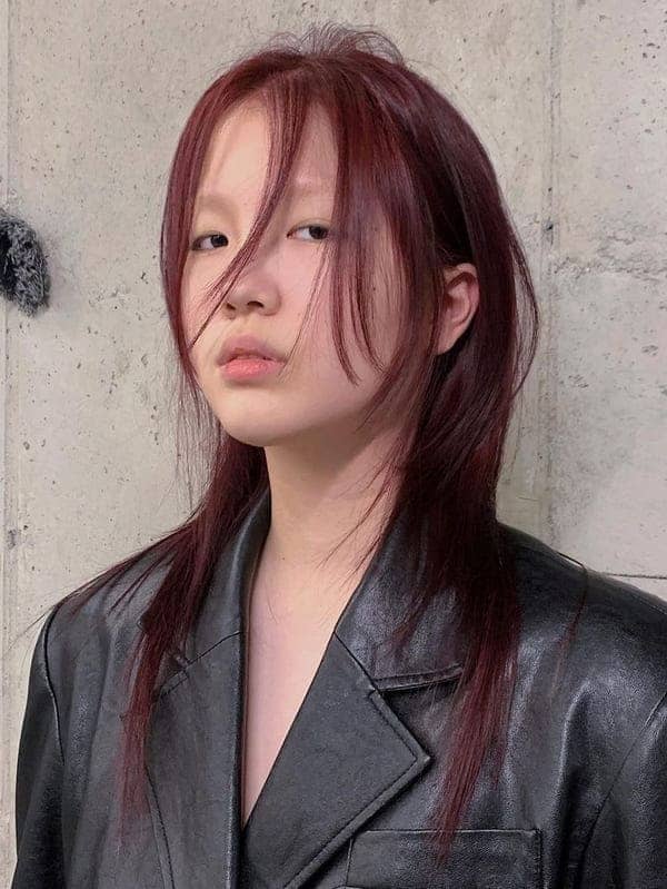 Korean medium length layered hair in red brown color