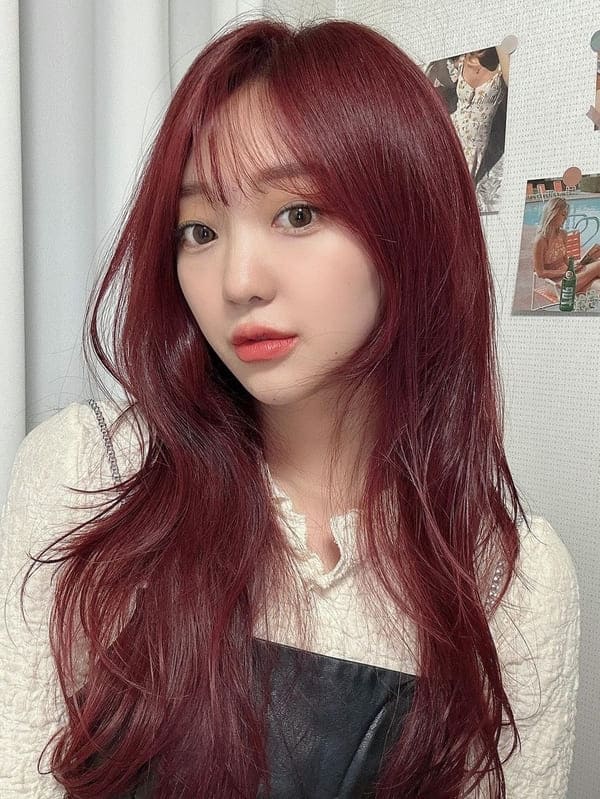 Korean medium length wavy hair in red brown color