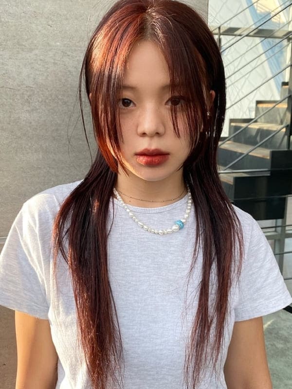 Korean long layered hair in red brown color