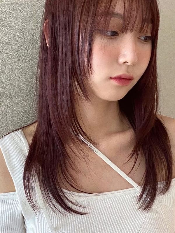 Korean layered shoulder length hair in red brown color