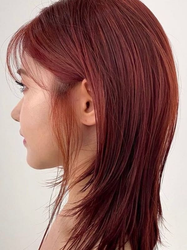 Korean layered bob in red brown hair color