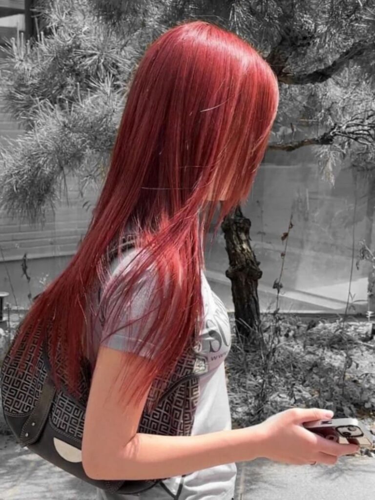 Korean long and sleek hair in red brown color