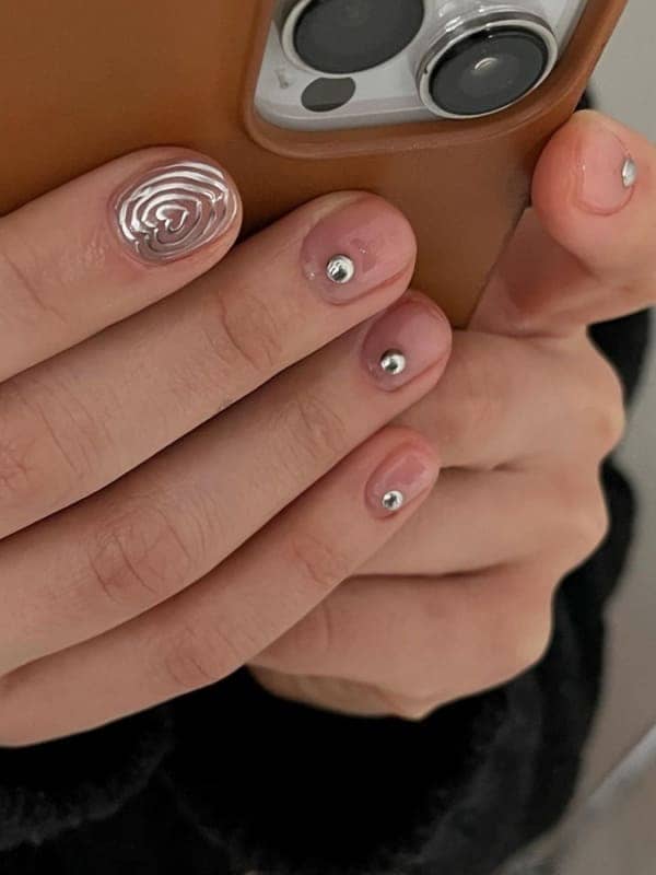Korean silver chrome nails with simple dots 