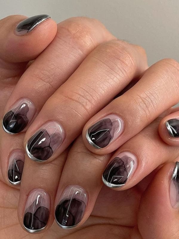 Korean silver chrome French tip nails