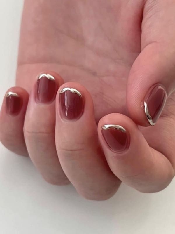 Korean silver chrome French tip nails