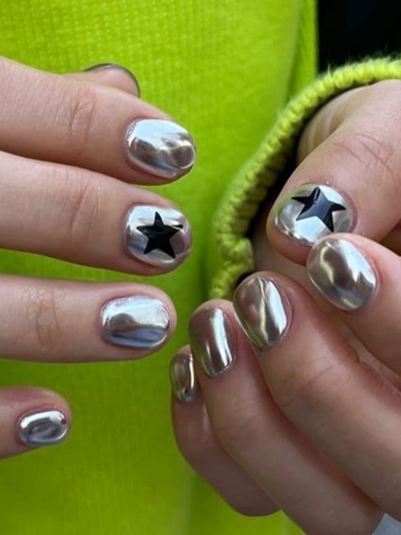 solid chrome nails with stars 