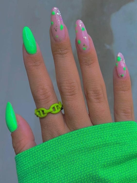 neon green nails with dots 