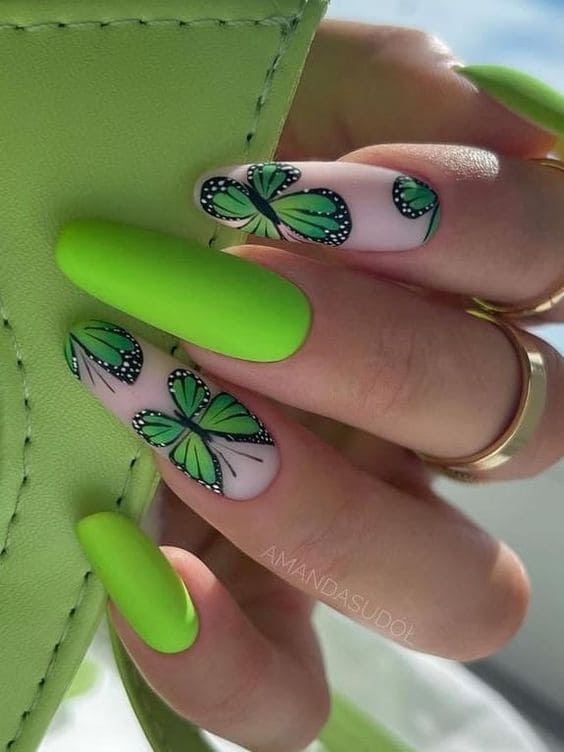 apple green nails with butterflies 