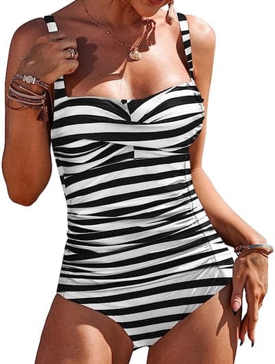 black and white striped swimsuit