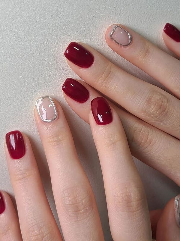 burgundy and milky whit nails 