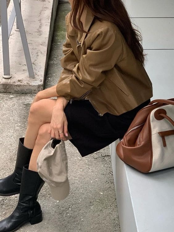 leather jacket and shorts