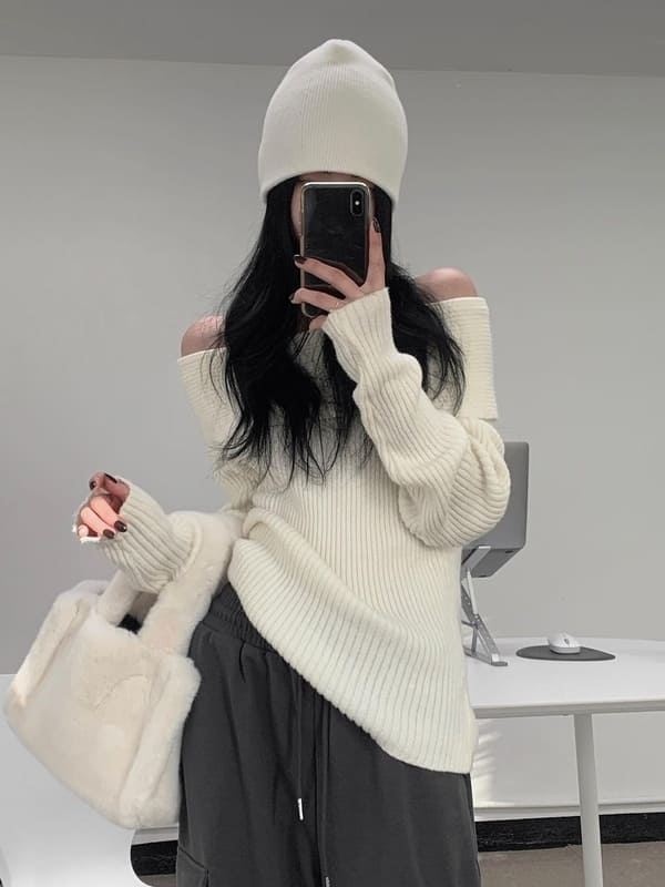 casual Korean fall outfit: off-shoulder knit top