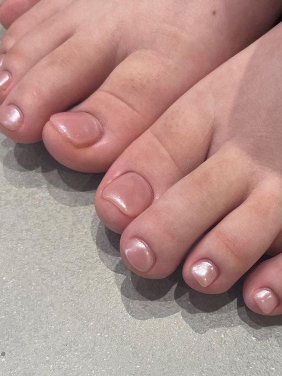nude pink chrome toe nails