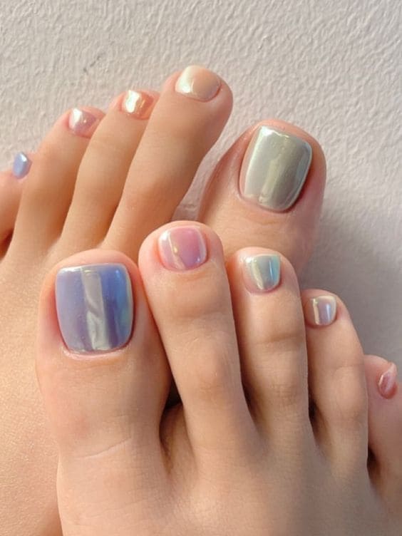 mix and match pastel chrome toe nails