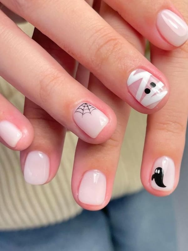 short Korean Halloween Nails: milky white nails