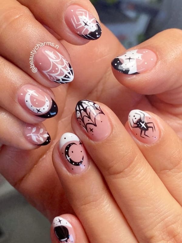 black and white astrology nails 