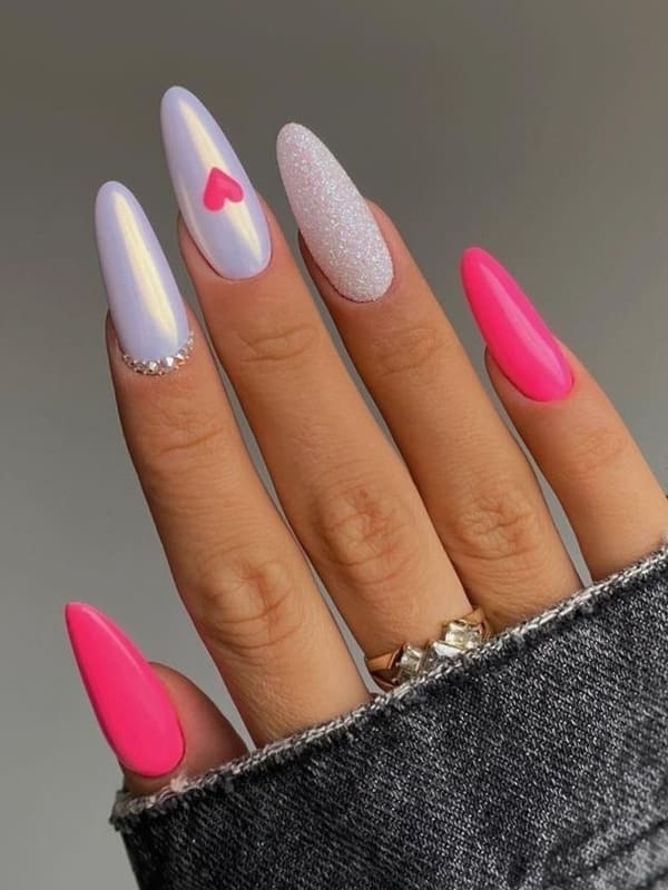 pink and white tips with heart accent