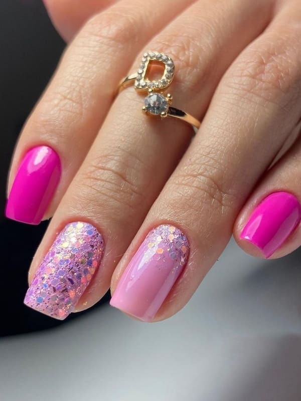hot pink and glitter nails