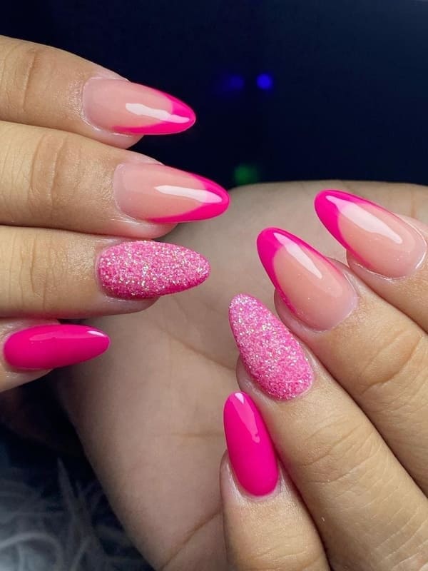 Barbie pink nails: hot pink French tips with glitter