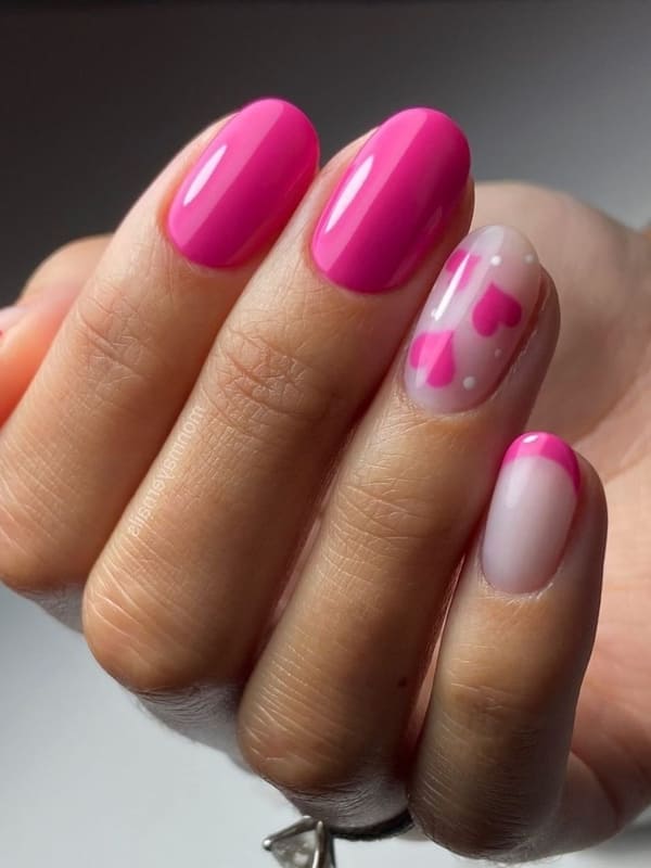 dark pink short nails with hearts