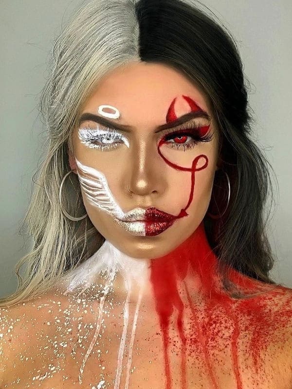 easy Halloween makeup: red devil and white angel