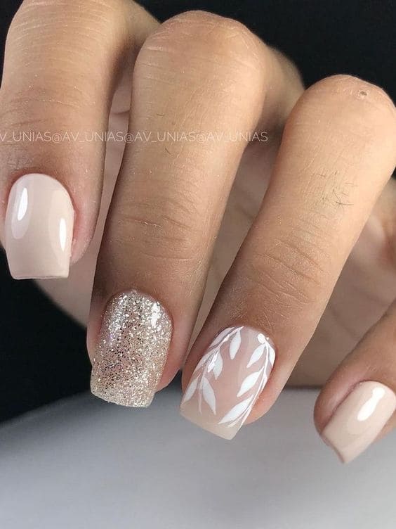 Korean beige nail design: leaf accent