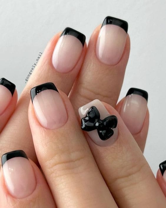 Korean black French tip nails: bow charm