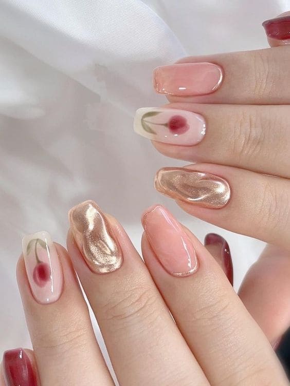 Korean gold chrome accent nails