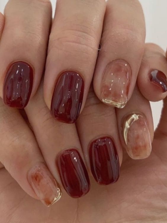 Korean watercolor burgundy nails